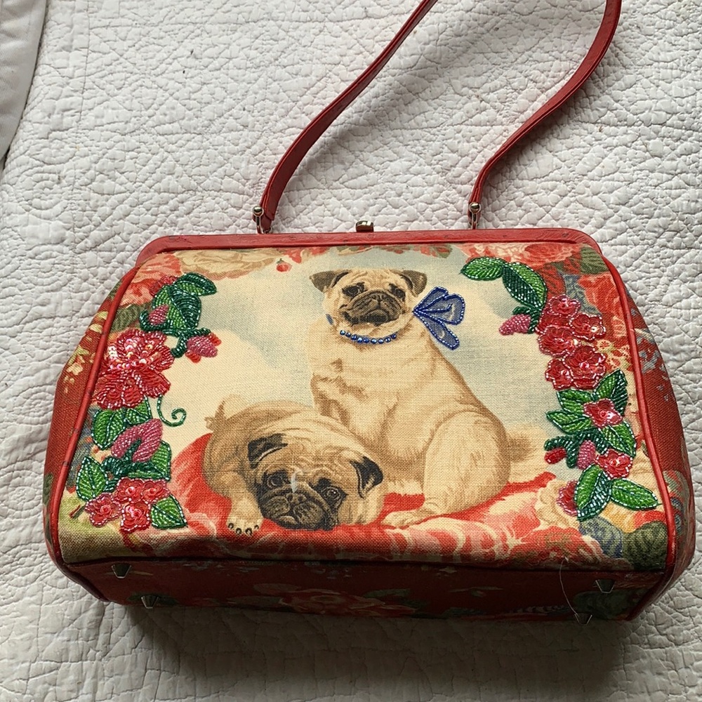 Isabella Fiore red bag with Pugs